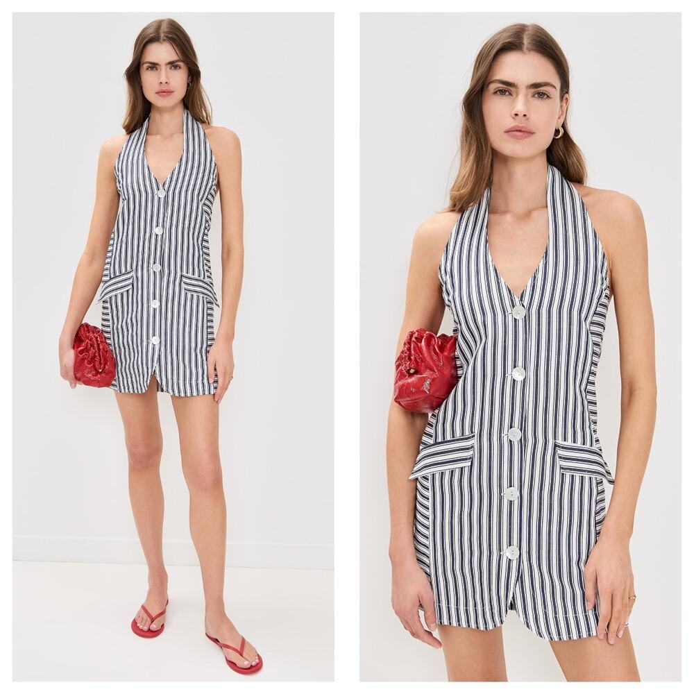 Alohas Tulipe Stripes Mini Dress Size Small Linen Lightweight Halter Beach